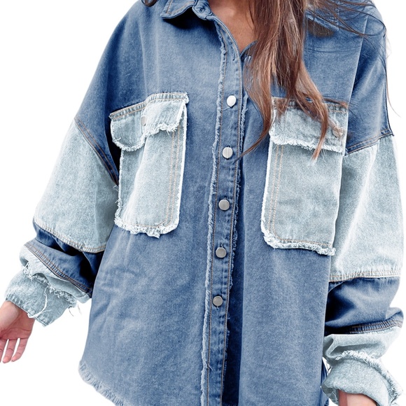 Tops - B086 Blue Color Block Frayed Patchwork Oversized Denim Jacket